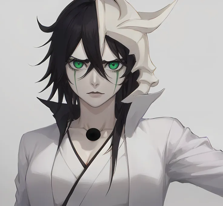 masterpiece, best quality, ulquiorra cifer, genderswap, female ulquiorra cifer, deadpan expression, female focus, black coloured upper lip, no eyebrows, eyelashes, pale grey skin, skin coloured lower lip, green lines which descend from the lower part of ey...