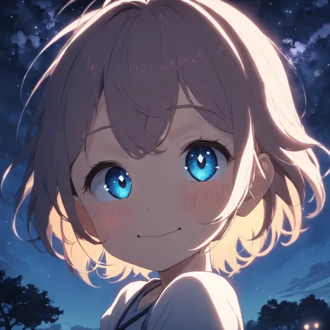 ((Heart-shaped pupil)), smiling, park background, night sky, medium closeup