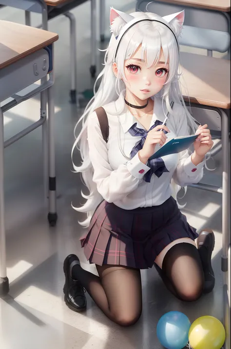 Wearing cat ears on his head，seductive anime girls，White-haired god，Anime goddess，Girl with white hair，perfect white hair girl，Detailed long white hair，long hair anime girl，Beautiful anime girls，Blonde anime girl with long hair，Anime Barbie with white stoc...