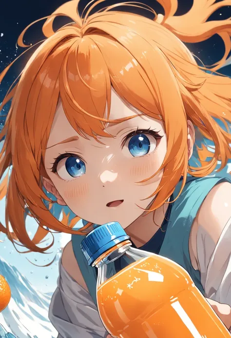 Close up of a bottle of orange juice on white background, Blue-orange, Refreshing, daoshu, Sprite, Limsa, jia, Orange mist, orange extremely coherent, Lu Ji, tang mo, Orange, Bitter, apple orange, qiangshu, inspired by Tang Di, goto fujita, tian zi, Orange...