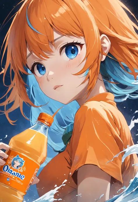 Close up of a bottle of orange juice on white background, Blue-orange, Refreshing, daoshu, Sprite, Limsa, jia, Orange mist, orange extremely coherent, Lu Ji, tang mo, Orange, Bitter, apple orange, qiangshu, inspired by Tang Di, goto fujita, tian zi, Orange...