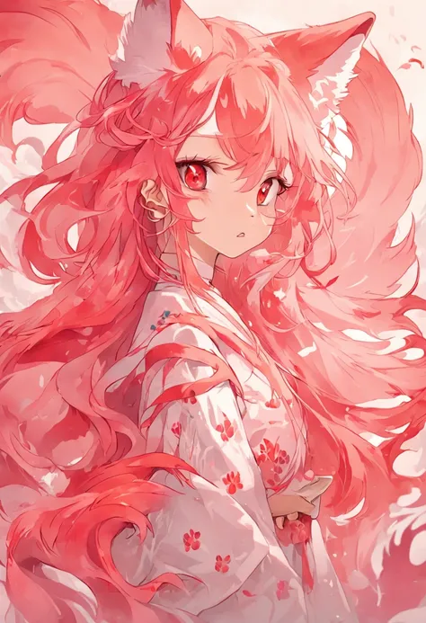 (White background:1.4),(The face of the girls head, Eyes open, Long pink hair,Pink fox ears，There are nine fluffy fox tails，The tail has a fiery red color at the end， Oriental elements)，(Chinese illustration:1.3，paper art:1.3, Quilted paper art:1.2),( reas...