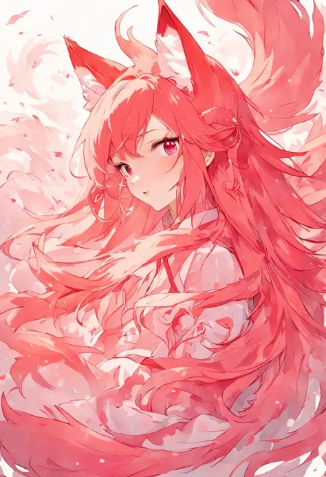 (White background:1.4),(The face of the girls head, Eyes open, Long pink hair,Pink fox ears，There are nine fluffy fox tails，The tail has a fiery red color at the end， Oriental elements)，(Chinese illustration:1.3，paper art:1.3, Quilted paper art:1.2),( reas...