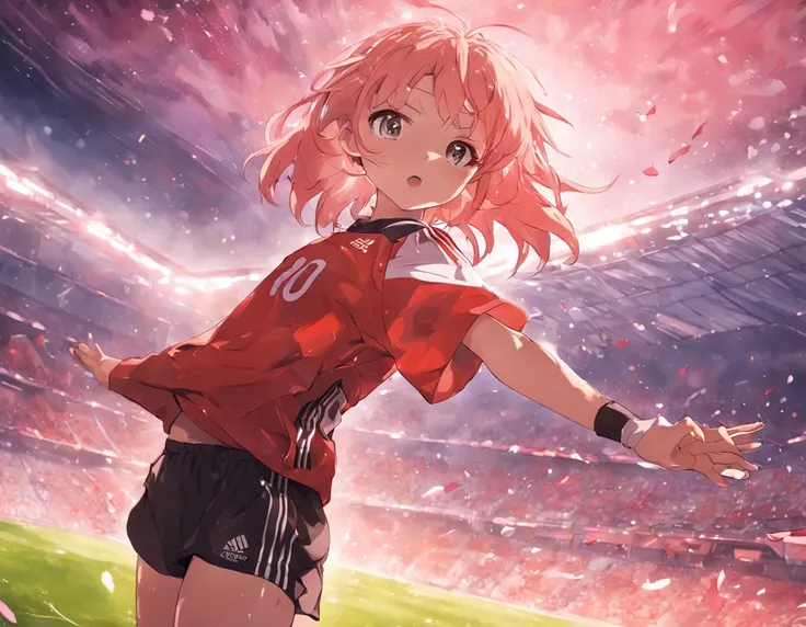 (8K, Raw photo, Best Quality, masutepiece:1.2), (Realistic, Photorealsitic:1.37),1 girl,Cute, (Solo),A detailed face, Dramatic Angle, ,soccer Uniform,Look away,Sporty,shoot a soccerball,Wet skin,Sweat,Large breasts,Nice　Legs,　　soccer venues ,