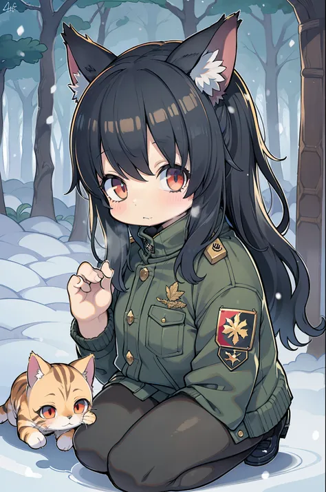 snowy forest, Black hair, Cat ears, Cat Girl,  Red Eyes, Kneeling, Nazi officer uniform, Nazi, Germany, Black Officer Uniform