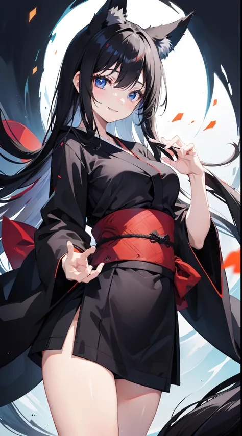 adult girl, Long black hair, Fox ears, blue eyes, black kimono, briefs, open breasts, Smile, tooth, Masterpiece, hiquality