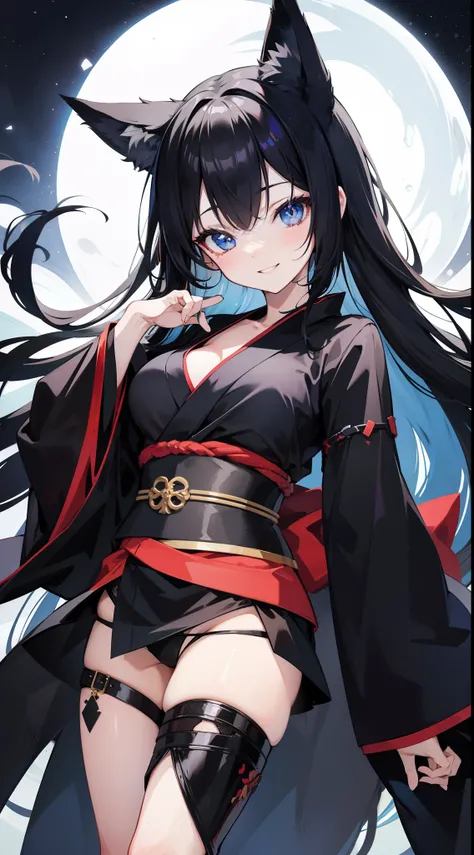 adult girl, Long black hair, Fox ears, blue eyes, black kimono, briefs, open breasts, Smile, tooth, Masterpiece, hiquality