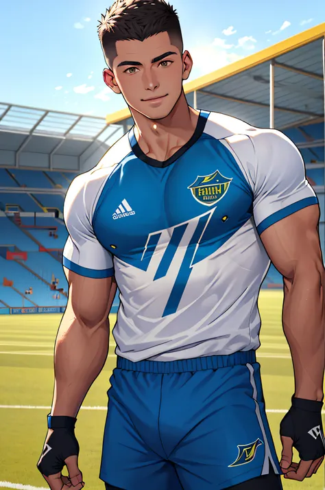 Draw a full-fledged athlete，Stand on the central field of the gym，He wears high-end sportswear，The man looks confident and determined，rays of sunshine，cheerful big breasts，Handsome，Crew cut，full bodyesbian，shooting from below，