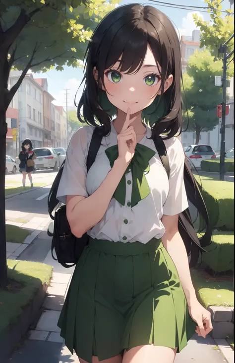 ​masterpiece, top-quality, ultra-detailliert, illustratio, 1girl in, (looking at the viewers)), proximity, ssmile, plein air, Lustrous black hair,bobhair、Green eyes、Light green battlesuit:1.3、Light green tight skirt:1.3