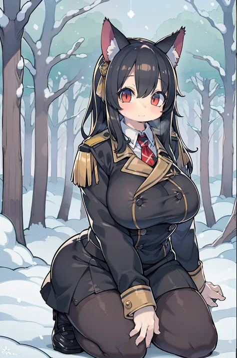 snowy forest, Black hair, Cat ears, Cat Girl,  Red Eyes, Kneeling, Nazi officer uniform, Nazi, Germany, Black Officer Uniform,huge-breasted