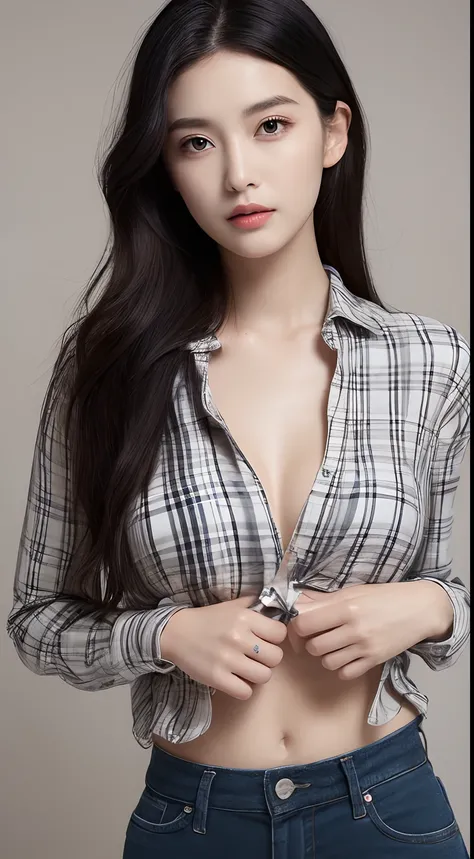 ((Top quality, 8K, Masterpiece: 1.3)), Clear focus: 1.2, Beautiful Women with Perfect Style: 1.4, Slender abs: 1.2, ((Black color hair, Large breasts: 1.2)), The good-looking plaid shirt is transparent (button up: 1.1), street: 1.2, Highly detailed face an...