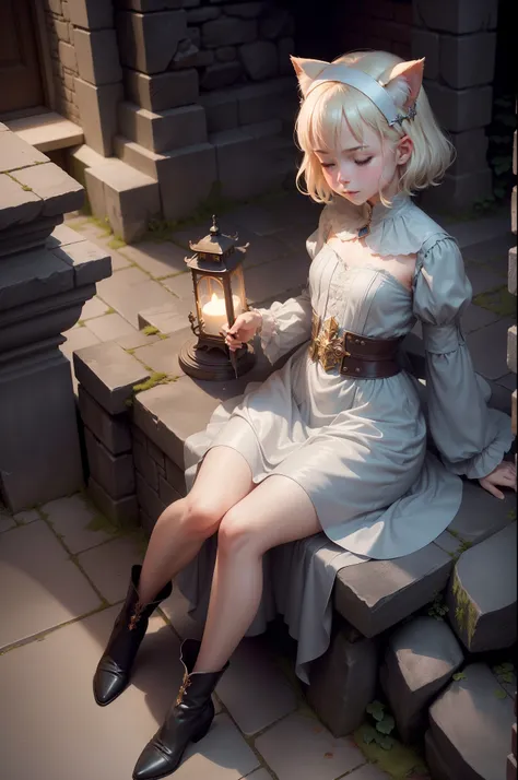 Top image quality、​masterpiece、Leyendeckers style、Fantasy 3D、The underground maze of the old castle、Nordic beautiful girl、Eyes closed、Smirking expression、Pretty small face、Light makeup、Two cat ears on the head、Platinum blonde short hair、tiny chest、short wa...