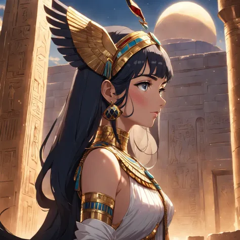 ((masterpiece, super detailed, very high resolution, best quality;1.3)), solo, 1woman, side light, glowing skin, Not looking at the view, Dont look at the view, egyptian woman, long dark hair, egyptian queen clothes, Isis goddess, Isis wings, egyptian empr...