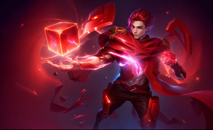 a close up of a person like in this image that holding cubes red there is an energy inside, in a dark space, official splash art, sylas, ezreal ( splash art, casimir art, character splash art, 8 k hd wallpaperjpeg artifact, 8k hd wallpaperjpeg artifact,Rea...