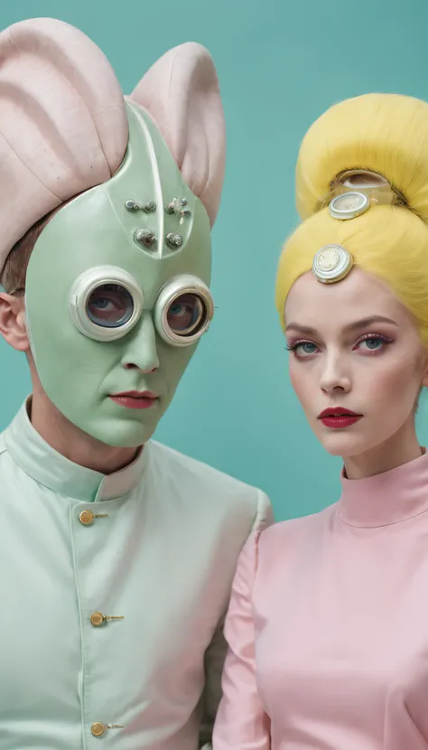 8k portrait of a 1960s science fiction film by Wes Anderson, pastel cores, rosa, amarelo, azul, verde, There are people wearing strange futuristic chameleon masks and wearing extravagant retro fashion outfits and men and women wearing alien makeup and old ...