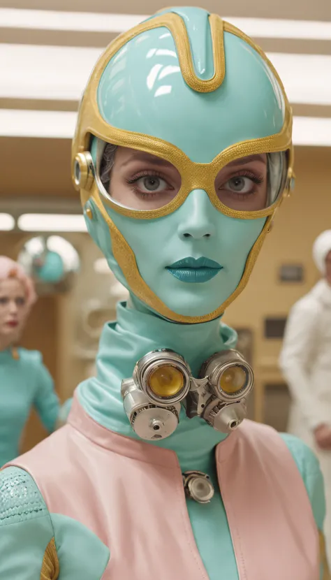 8k portrait of a 1960s science fiction film by Wes Anderson, pastel cores, rosa, amarelo, azul, verde, There are people wearing strange futuristic chameleon masks and wearing extravagant retro fashion outfits and men and women wearing alien makeup and old ...