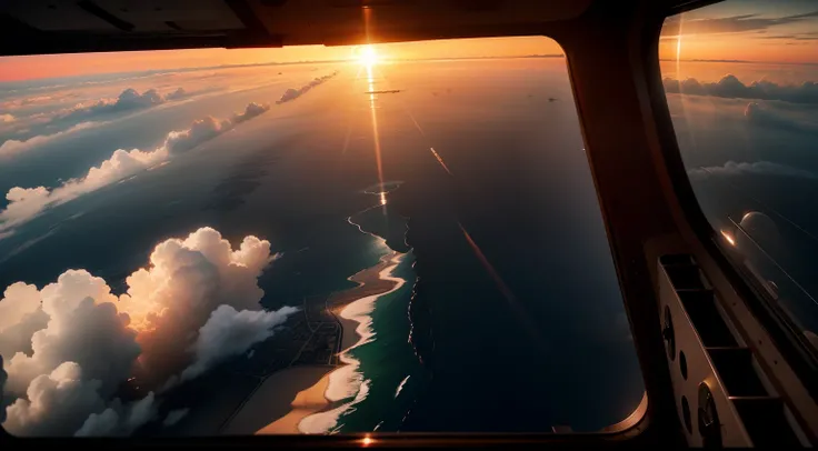 From the porthole of the plane, you can view the clouds shining by the setting sun，，View of clouds and sun, flying through sunset,  sunset lighting 8k, Real Engine 5 movie, atmospheric 8k, dcs world style,  going forward to the sunset, Natural lighting. , ...