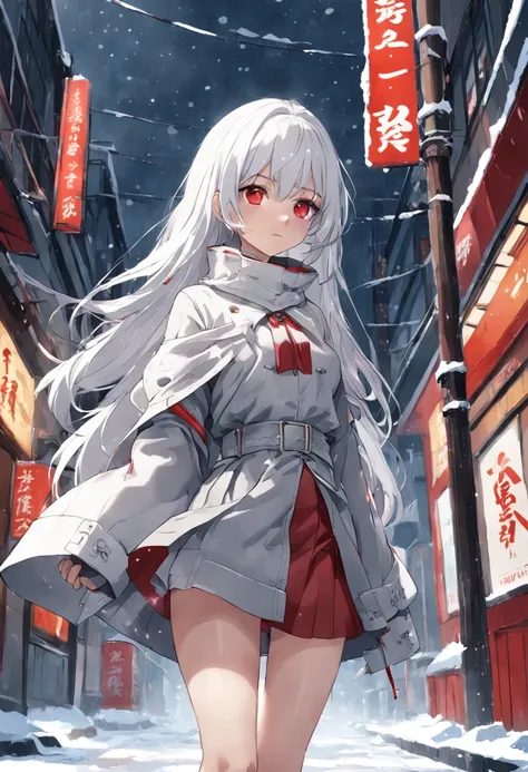 woman、long  white hair、red pupils、Grey thick seam coat、The right leg is wrapped around a bandage、grey short skirt、White color blouse、In the ice and snow、Chest flat、bare-legged