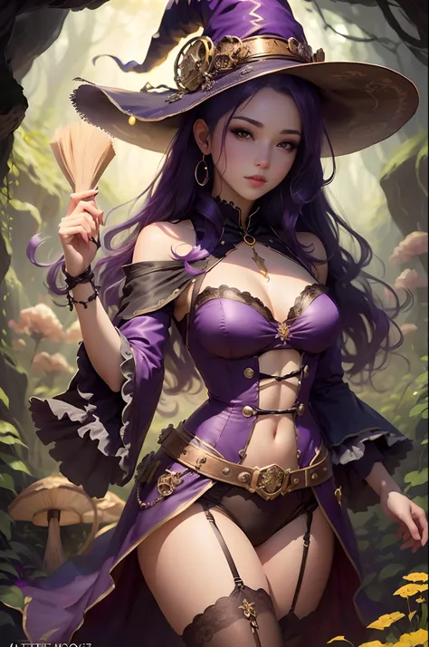 Stempunk witch with purple hair and hat  in a forest, ig model | artgerm, extremely detailed artgerm, wlop and artgerm, wlop | artgerm, fantasy art style, wlop rossdraws, style artgerm, wlop and rossdraws, artgerm. anime illustration, ! dream artgerm