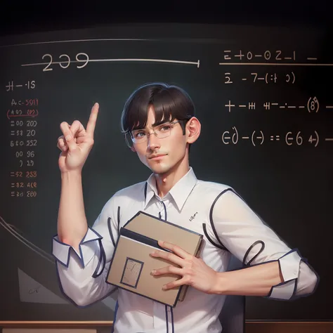 ‎Classroom，Elementary school teacher，Math lessons，blackboards，Mathematical formulas，Male teacher，Handsome，white  shirt，No beard