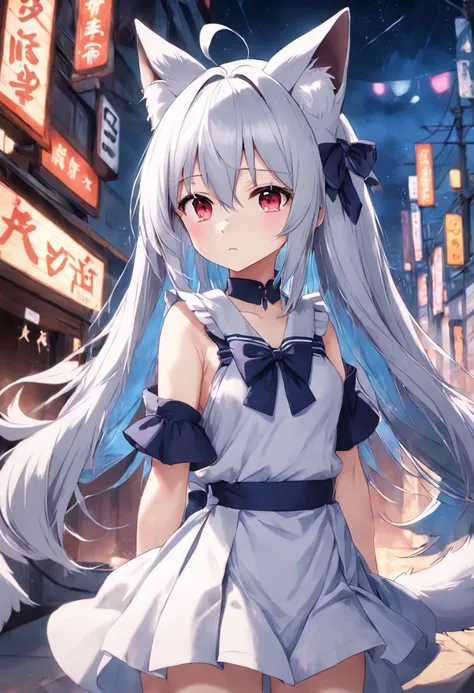 silber hair，The eye size is the same，Has fox ears，Fox Tails two-dimensional maid loli