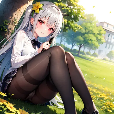 long silver hair、red eyes、Beautiful girl alone、a miniskirt、tights、flower  field、sitting on、Panties are slightly visible