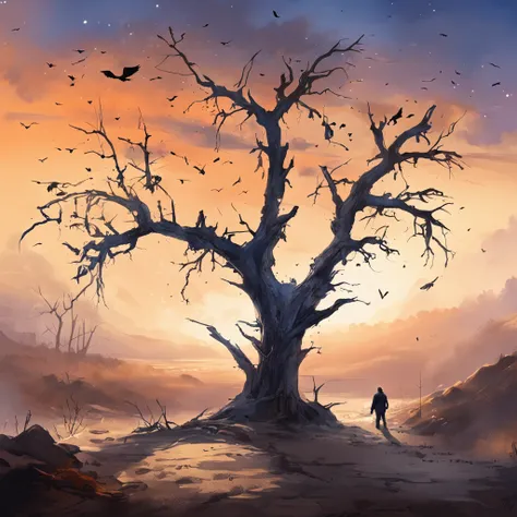 Two crows on a dead tree, A shadow shaped like a walker, Starry night, Thick fog on the ground, Blue light on the horizon, Unreal Engine 5, Cinematic, low angle photography, Motion blur, Depth of field, Dust, Cobblestones and dirt. Splash Art, dripping pai...