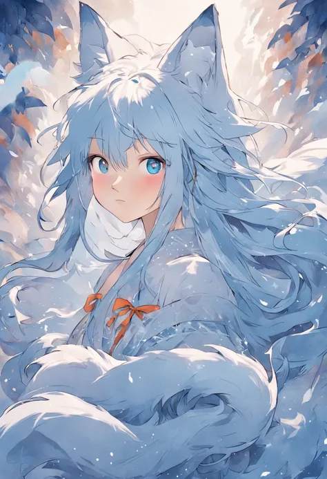 (White background:1.4),(The face of the girls head, Eyes open, blue long hair,White fox ears，There are nine fluffy fox tails， Oriental elements)，(Chinese illustration:1.3，paper art:1.3, Quilted paper art:1.2),( reasonable design, Clear lines, High sharpnes...