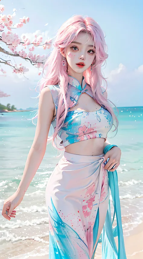 （tmasterpiece、best qualtiy、A high resolution），white backgrounid，Acrylic paints，（（splash of color，Splash ink、Color splattering）），Sweet Chinese girl，light blue long hair，[light blues|Pink big breasts]the hair，curlies，glitters，Pink lips，White color blouse，fro...