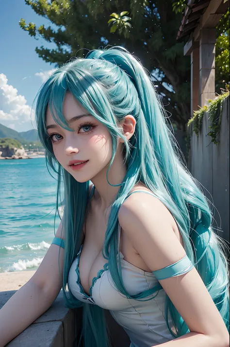 (Hatsune Miku character), Tosca hair color, Long two-tailed hair with ponies, Looking at the view, Eyes on the landscape, Smile 10 year old girl, Perfect body, Perfect anatomy, Tosca eye color, Double eyelids, Huge breasts, cleavage，Close-up shot