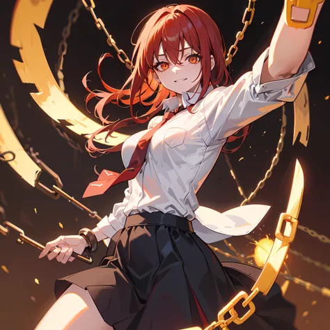 makima (chainsaw man), best quality, ultra detailed, 1girl, solo, standing, red hair, long braided hair, golden eyes, bangs, medium breasts, white shirt, necktie, stare, smile, (evil:1.2), looking at viewer, (interview:1.3), (dark background, chains:1.3)