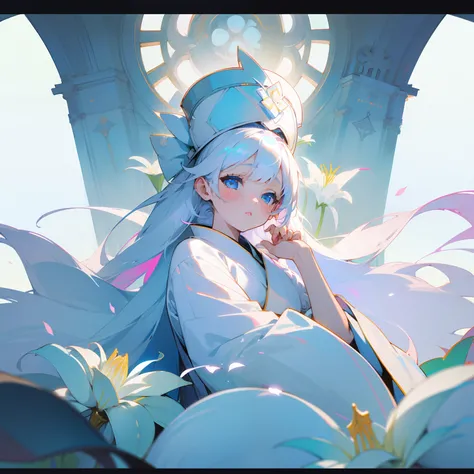 (Beautifully Aesthetic:1.2)、(1girl in:1.3)、(White colorful hair:1.2)、Wearing a colorful white kimono、lily flowers、notre dame、Beautiful fece、Fantastical、chaste、purity、dignity、innocence、noble、pride、glory、