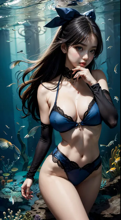 Menina coreana de 25 anos，1个Giant Breast Girl，menina no topo， Mergulho， s o rosto perfeito， Olhos eBlue， renda，  mergulhar，deep underwater，Shuixia，quebrar，tons de azul，(((cercado de peixes)))