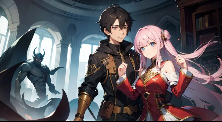 two guys，A female summoner，A shooter，The background is a whole bunch of monsters