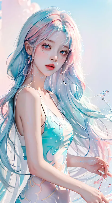 (Masterpiece, Best Quality, High Resolution), White Background, Acrylic Paint, ((Color Splash, Splash of Ink, Color Splash)), Sweet Chinese Girl, Long Light Blue Hair, [Light Blue|Pink] Hair, Curly Hair, Glitter, Peach Lips, White Shirt, Front, Upper Body