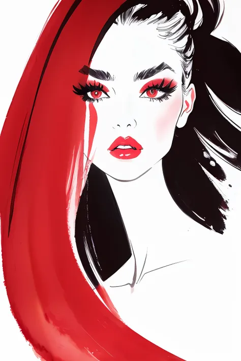 bissett, Illustration, ink watercolor, Background red, , 
1girl in, Solo, Simple background, Background red, signature, Beautiful red lips, Eyelashes, makeup, Traditional Media, lip stick, eyeshadows, Eye focus,Up-bunk hairstyle、