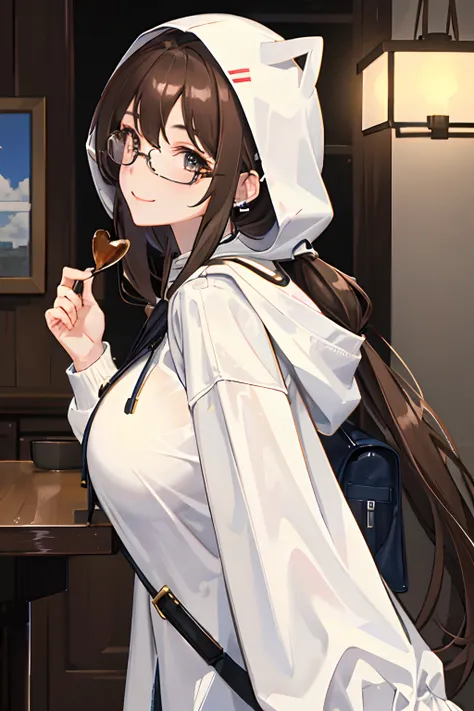 (masterpiece, sidelighting, ultra-detailed, fine detailed beautiful eyes: 1.2), 1girl, bag, building, from side, hood, hood down, hooded jacket, hoodie, jacket, long hair, profile, brown hair , 独奏,caffe interior, The upper part of the body, Masterpiece, be...