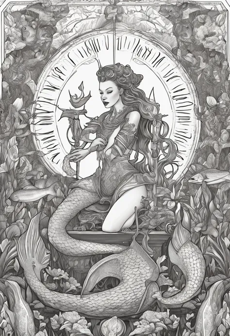 drawing of a mermaid with a harp and a mermaid tail, sitting in her throne underwater, queen of the sea mu yanling, sitting in his throne underwater, goddess of the ocean, real photoshoot queen of oceans, ursula the sea witch, goddess of the sea, sea queen...