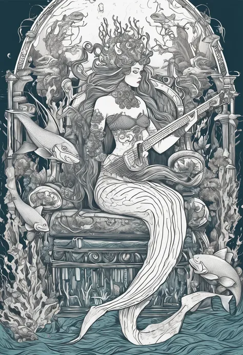 drawing of a mermaid with a harp and a mermaid tail, sitting in her throne underwater, queen of the sea mu yanling, sitting in his throne underwater, goddess of the ocean, real photoshoot queen of oceans, ursula the sea witch, goddess of the sea, sea queen...