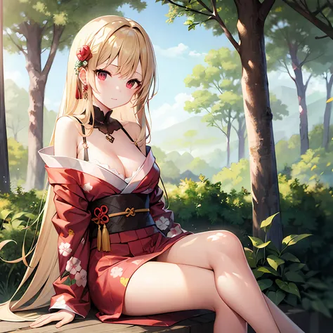 a blond、red eyes、Beautiful girl alone、Kimono with fancy patterns、Off-shoulder、in woods、sitting on、I can see panties