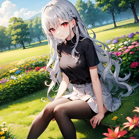 long wavy silver hair、red eyes、Beautiful girl alone、a miniskirt、tights、flower  field、sitting on、