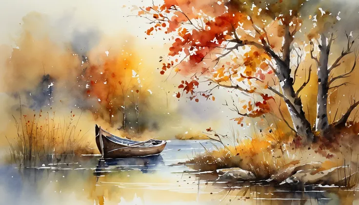 tmasterpiece, top-quality, high detal, Impressionism, Autumn morning, Cruise along the lake in the morning mist, haze, Cinematic light,