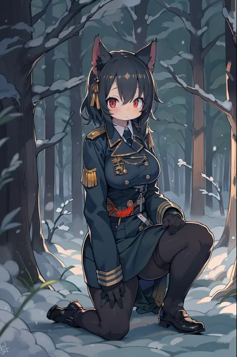 snowy forest, Black hair, Cat ears, Cat Girl, Red Eyes, Kneeling, Nazi officer uniform, Nazi, Germany, Black Officer Uniform,huge-breasted、Dillinger