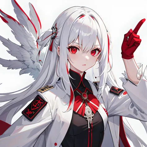 (Best Quality:1.3), (1girl in:1.2), Red Eyes, white  hair, (tech wear:1.3), flat chest, The background is the ancient nobility coat of arms, Horror fantasy, portlate, Image perspective:Portrait Lens, zori, beautiful detail, Detailed hand, Black Gloves, mag...