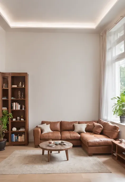 A spacious living room，Warm white walls，The entire left side of the living room is a bookcase，The bookcase is a walnut-colored cabinet，Partially open grid，Part of it is made of white cabinet doors。There is a beige sofa on the right side of the living room。...