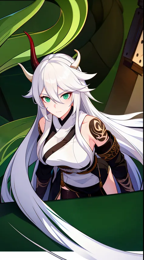 adult girl, Long white hair, Working with a horn, Green eyes, dragon tattoo, A cyborg, Hanfu, Masterpiece, hiquality