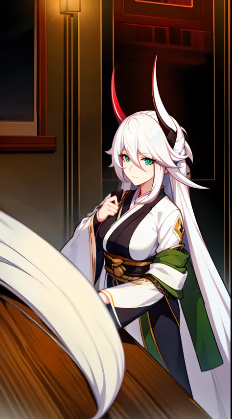 adult girl, Long white hair, Working with a horn, Green eyes, dragon tattoo, A cyborg, Hanfu, Masterpiece, hiquality