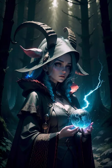 fierce face, dark eye, witch, hand raised with magical lights swirl around, dark forest on background, surrounded by vibrant mage energy, cg render, realistic, masterpiece, dark fantasy, epic, award winning, horror vibe