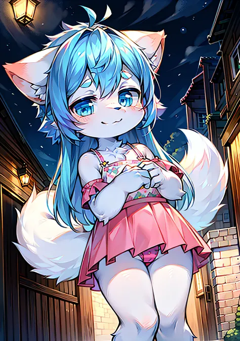 Enhance background details（0.7），hairy pubic，Furry little girl，Fluffy tail，blue color eyes，Emphasis on white fur，Delicate fur，Cute toddler，Short pink skirt，Young，Petite and cute emphasis，Detailed characters，A smile on his face（1.2），Pink meat pad，Enhance lon...