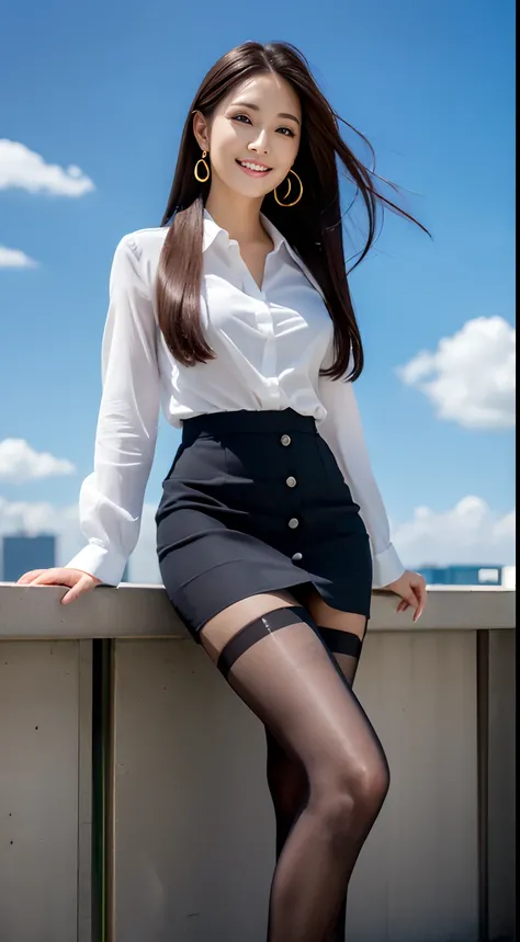 (8K, Best quality, Masterpiece:1.2), (Realistic, photo-realistic:1.37), Ultra-detailed, 1 girl, full bodyesbian, Outdoors, (Adjust hair:1.5) Office Lady, black officeblazer, officeskirt, (Pantyhose black stockings:1.2), (short buttoneddownshirt:1.2), butto...